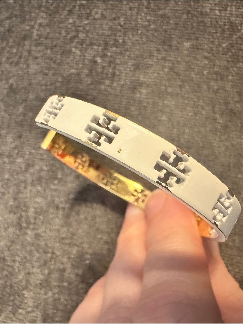 Tory Burch White and Gold Logo Open Cuff Bracelet - Picture 2 of 11